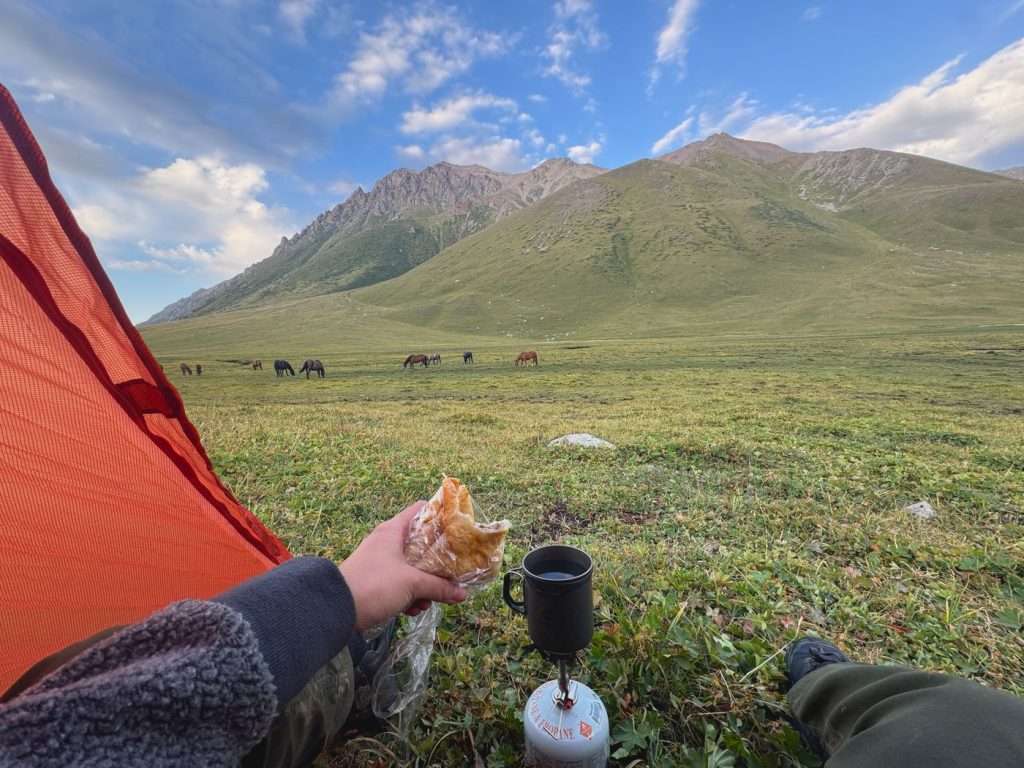 Ending the day with my packed samsa for dinner in my tent, with a view of grazing horses in the background.